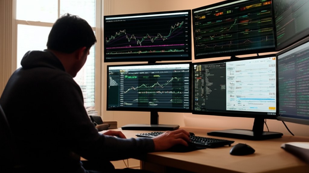 US trader analyzing charts with OCO orders on multiple screens