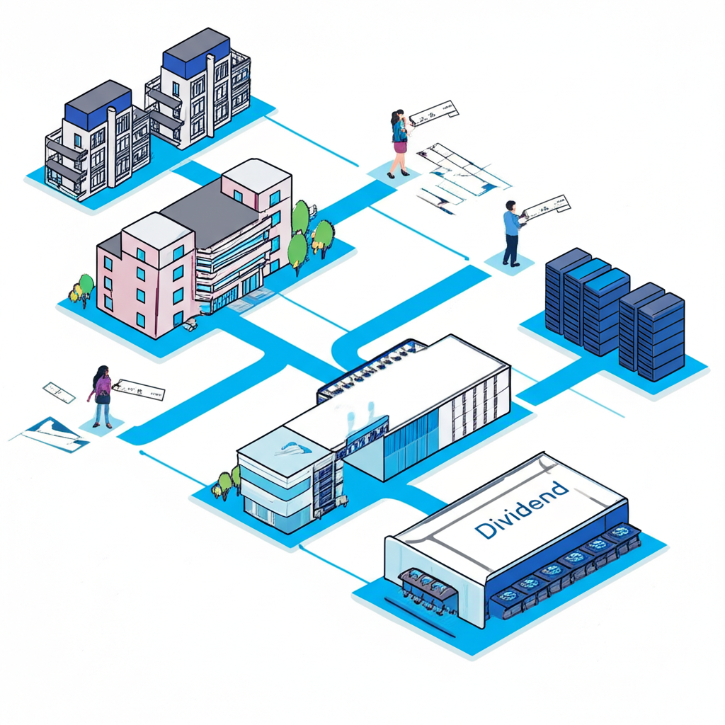 Illustration of diverse real estate properties connected by investment lines with investors receiving dividend checks