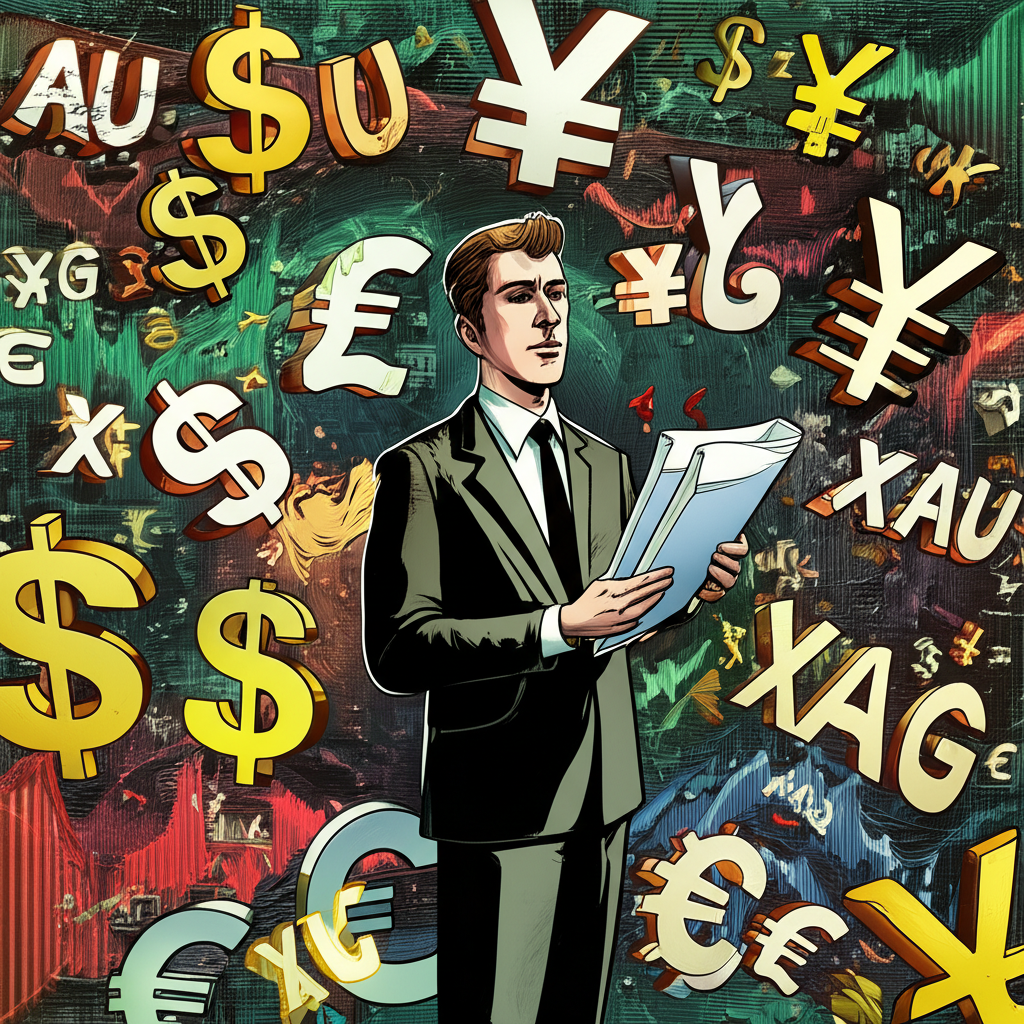 Illustration of a trader navigating a complex, dynamic forex market represented by intertwined currency symbols and fluctuating charts, aiming for consistent profitability. The trader holds a blueprint for strategy.