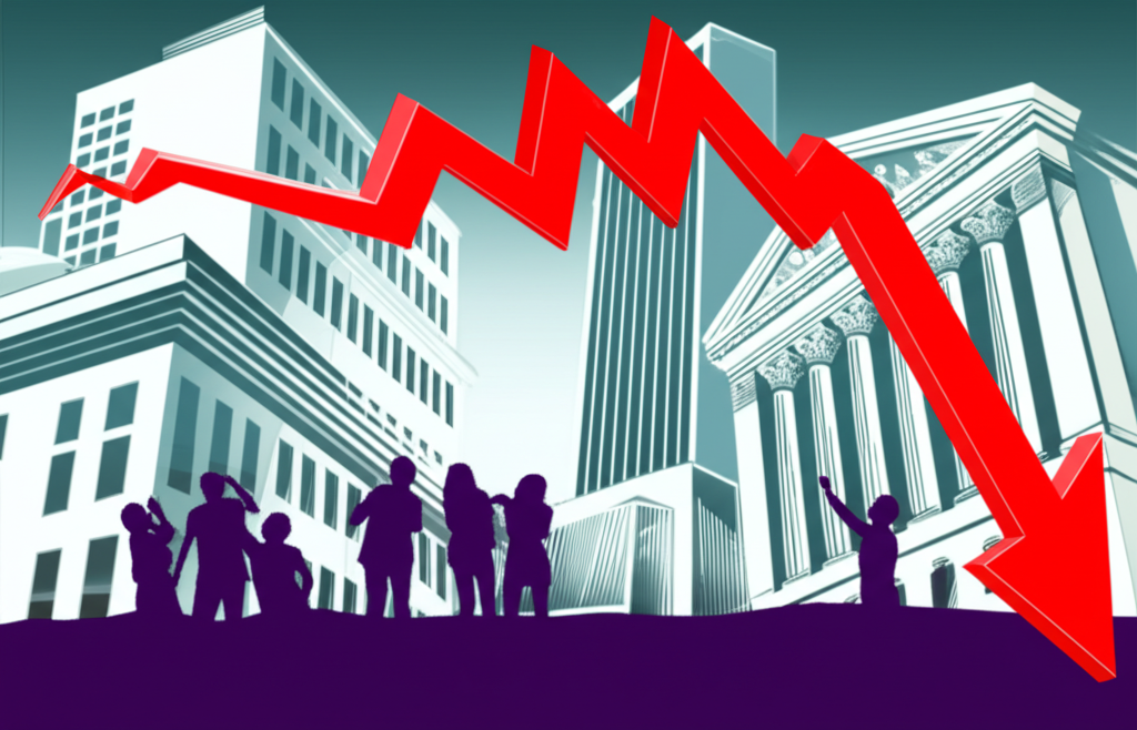 Illustration of a digital stock ticker with a sudden red downward arrow, shocked investor silhouettes, and iconic market buildings in the background