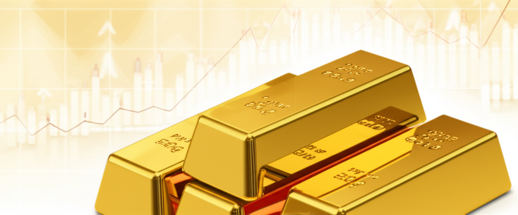 Illustration of gold bars and financial charts showing market trends