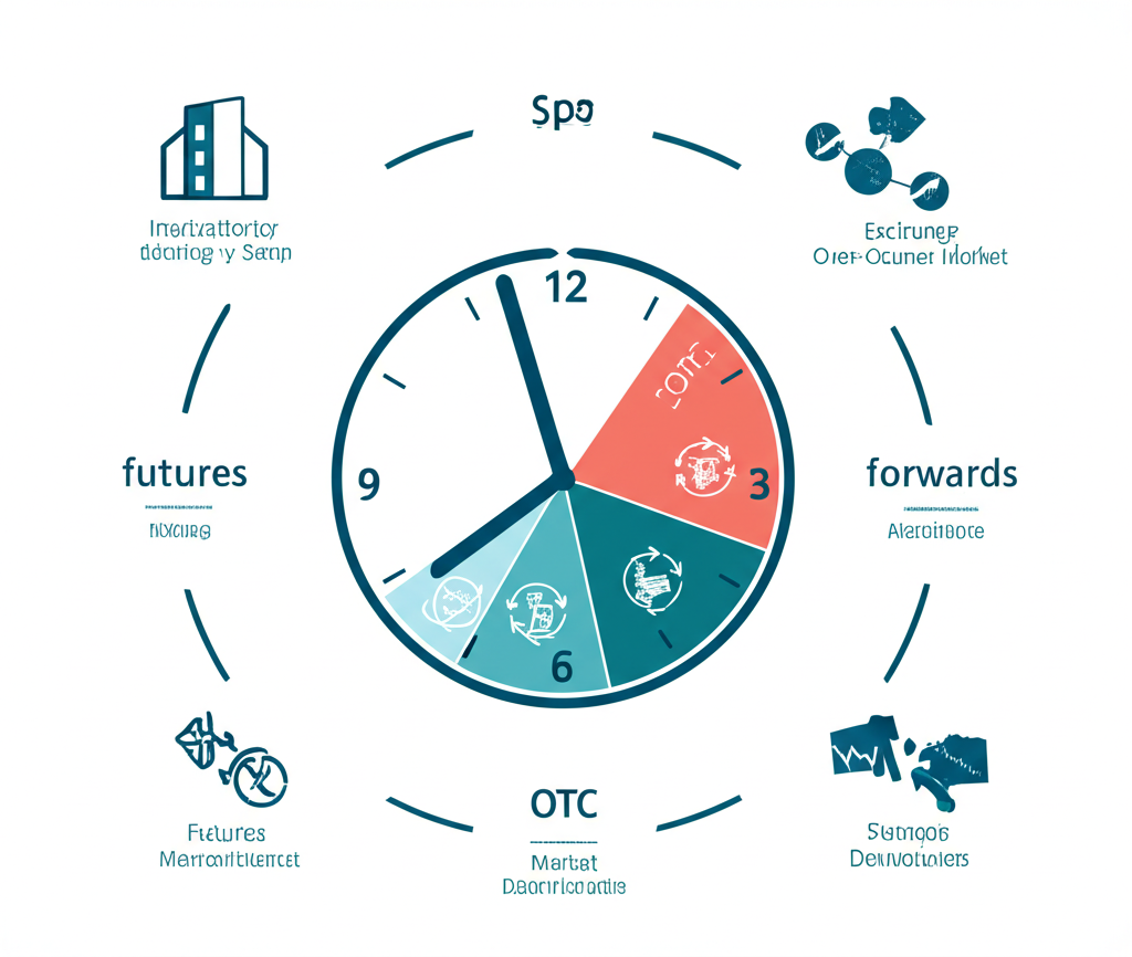 Illustration of energy market mechanisms including spot, futures, forwards, exchanges, and derivatives