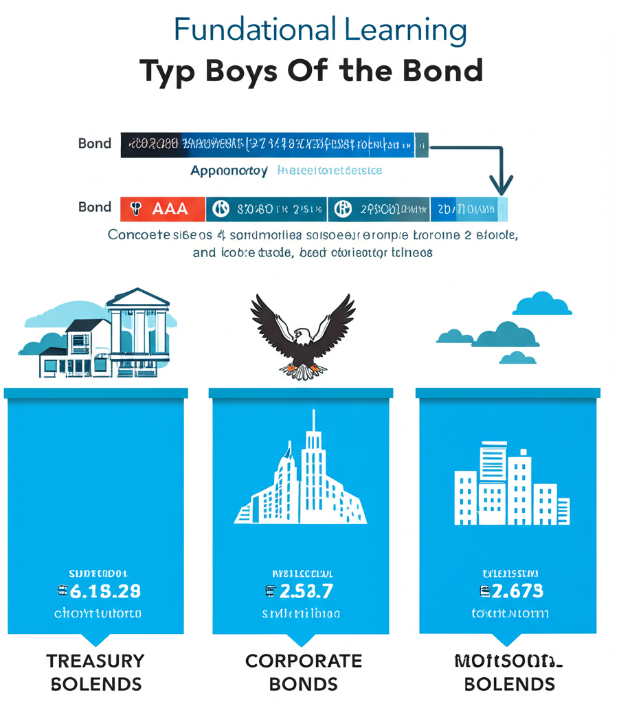Visual breakdown of different bond types, key metrics like yield and duration, and credit rating indicators for educational context