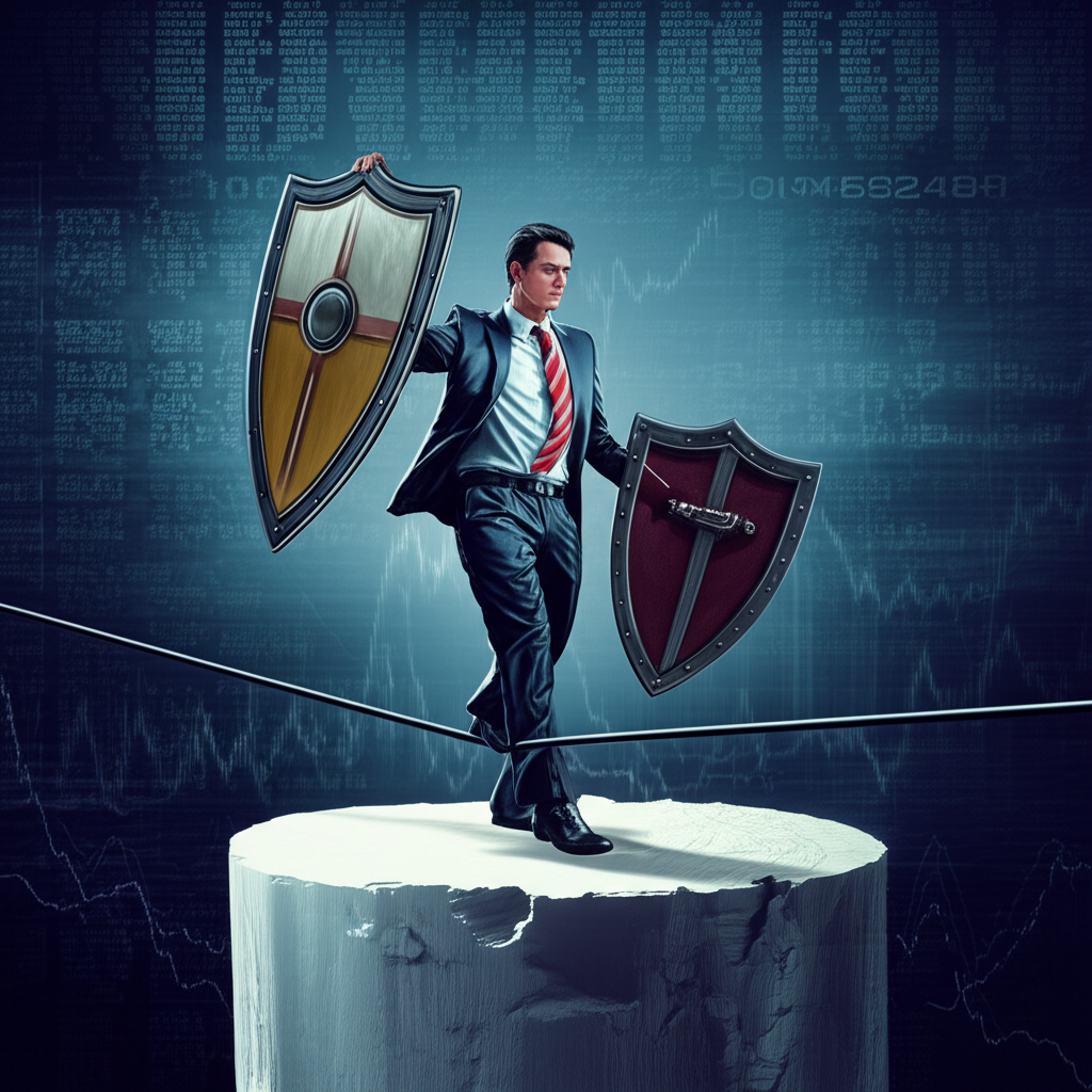 Illustration of a trader on a tightrope over a volatile market, holding a shield of capital for risk management, with a strong foundation of funds supporting their balance, professional illustration style.