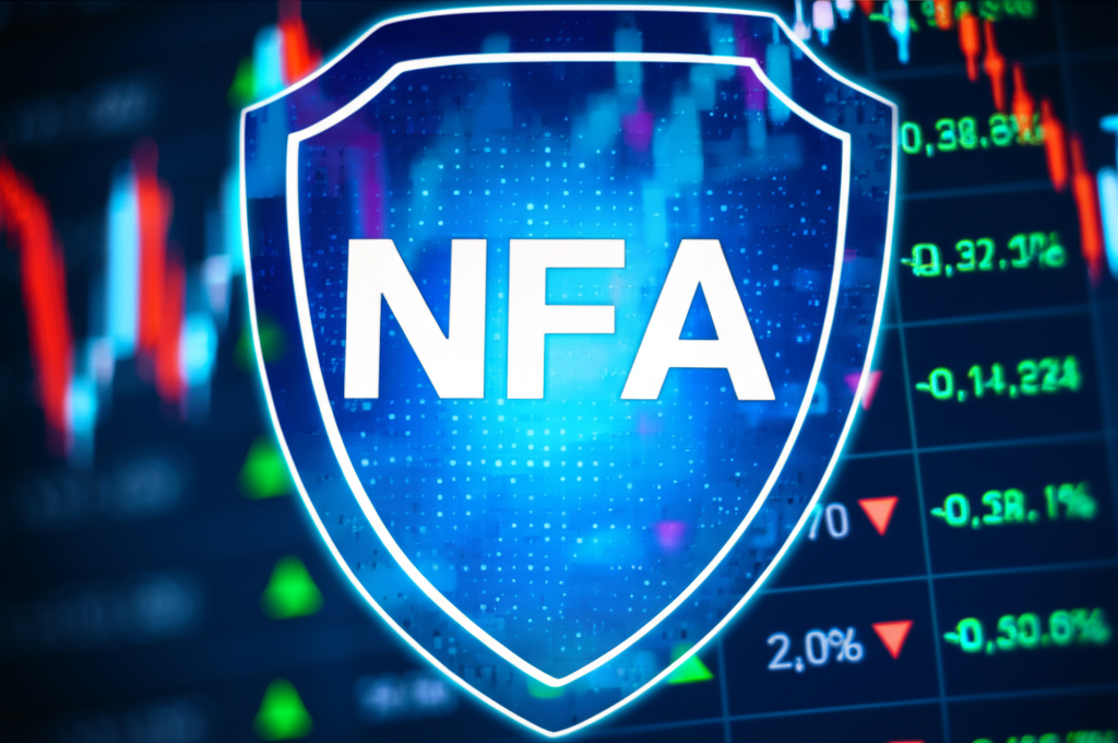 Digital forex chart, NFA shield, illustration