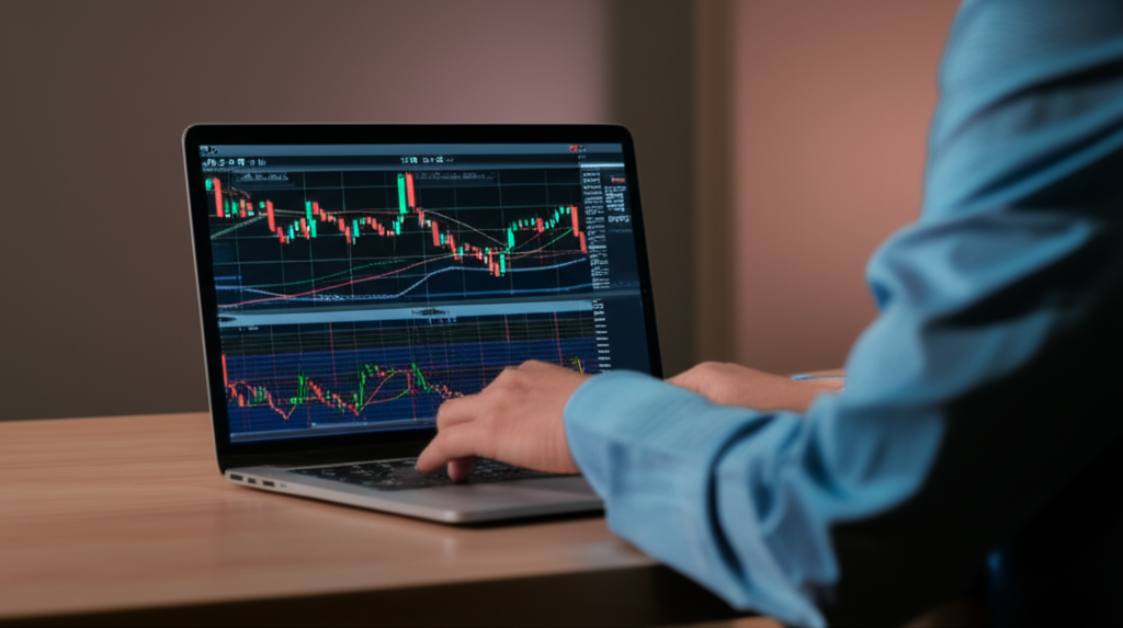 Thai trader scalping on laptop with fast-moving charts and currency symbols