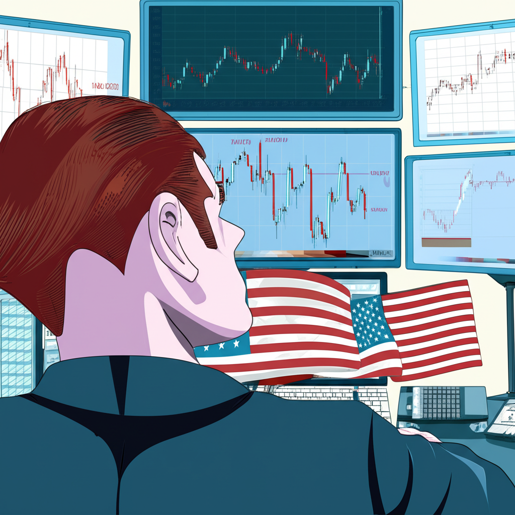 Illustration of a trader analyzing forex charts with US flag