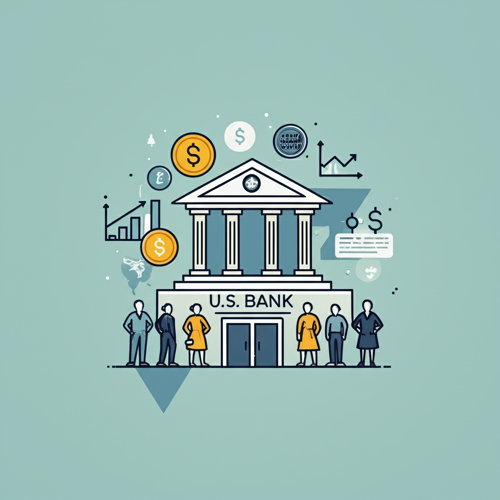 Illustration of U.S. Bank as a central pillar in the U.S. financial ecosystem, surrounded by symbols of economic trends and diverse customer segments