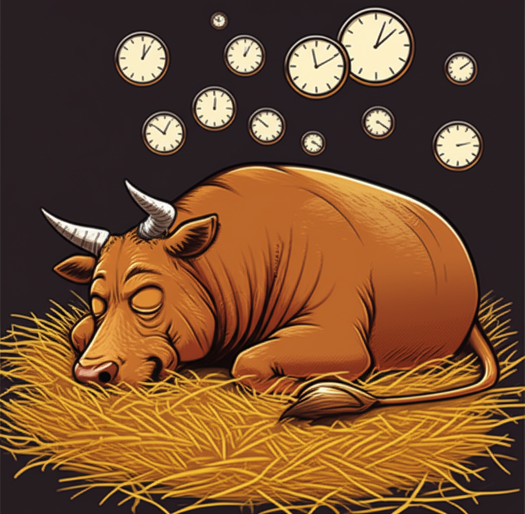 Illustration of a bull in lateral recumbency, fully on its side with legs outstretched, showing ultimate relaxation and security for deep REM sleep