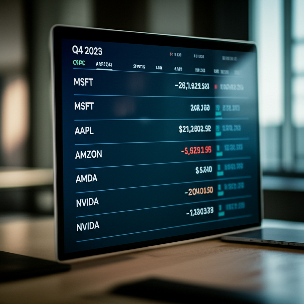 An illustration of a digital screen displaying a Q4 2023 13F filing table for Citadel, showing stock tickers like MSFT, AAPL, AMZN, and NVDA with values, emphasizing a snapshot of top equity holdings.