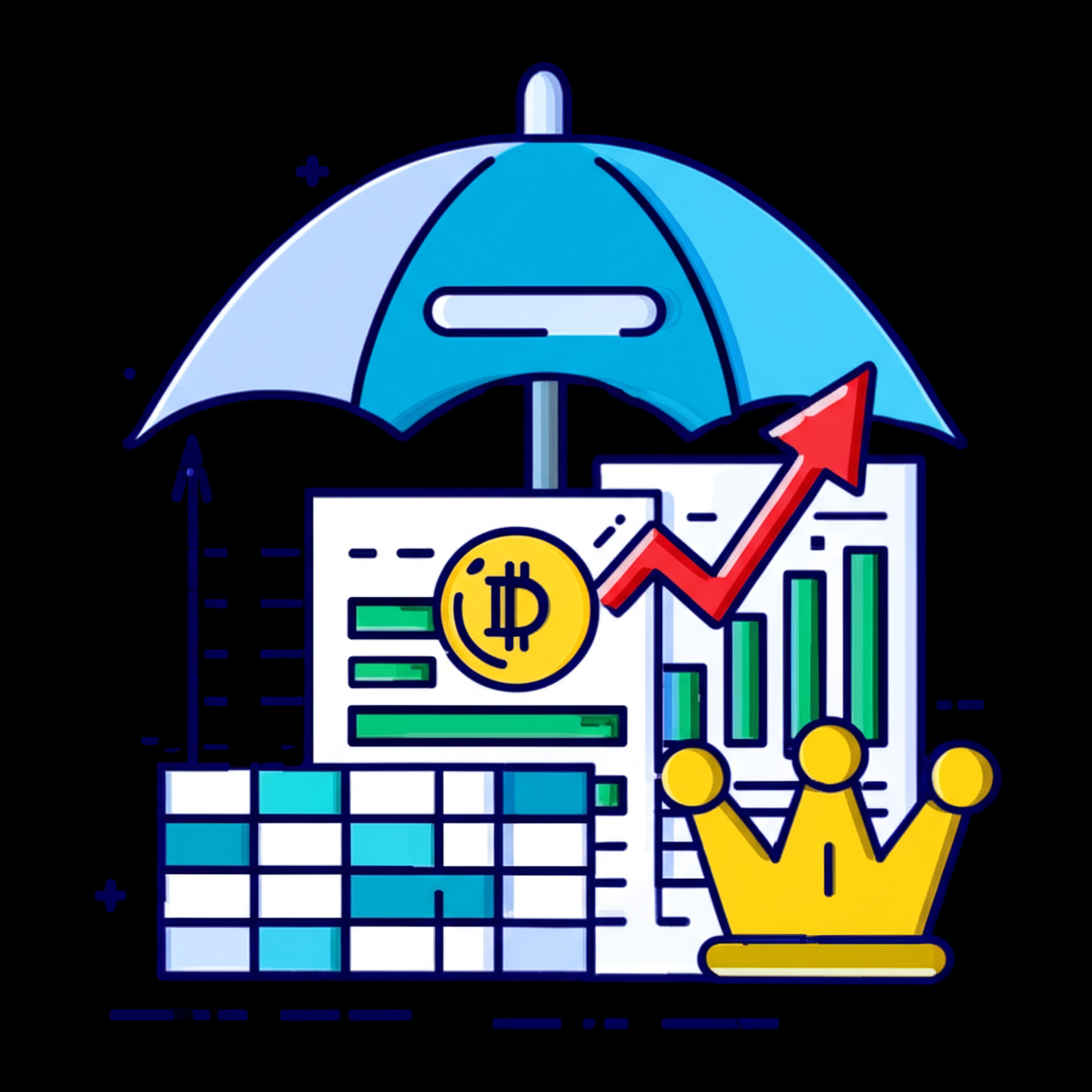 Financial symbols including rising profits, dividend coins, and market leadership under a protective umbrella, representing stability and strength