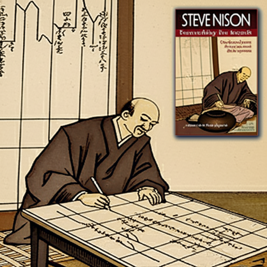 Illustration of Munehisa Homma, an 18th-century Japanese rice merchant, studying early candlestick charts for rice prices. In the background, a modern book by Steve Nison.