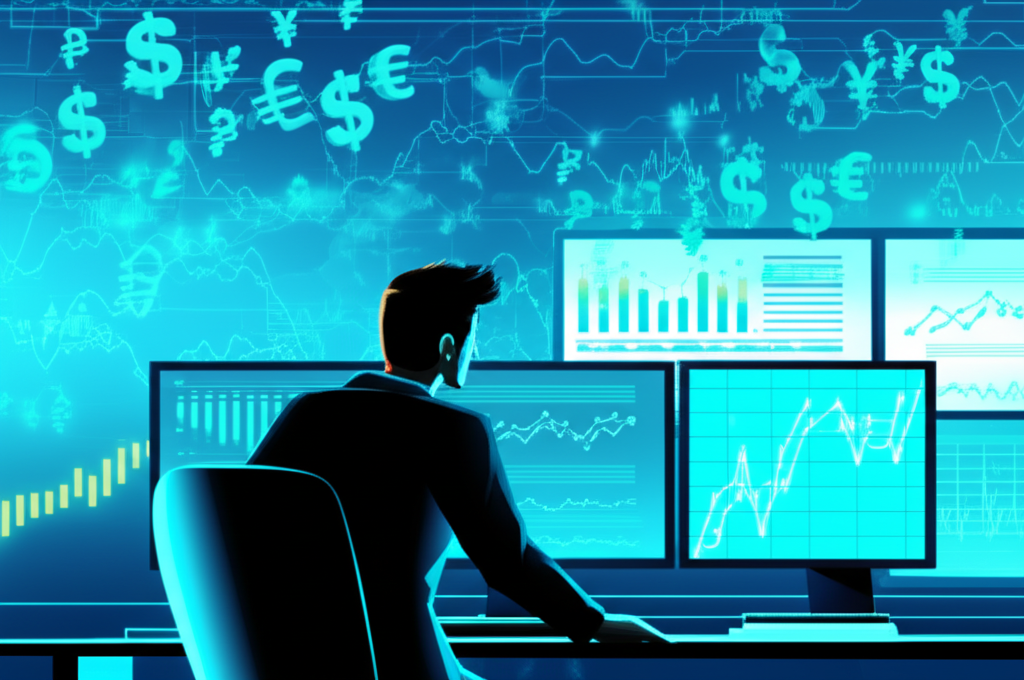 Illustration of a trader looking at multiple screens with financial charts, surrounded by data streams and subtle currency symbols, representing the complexity and importance of market data fees in modern financial markets. Style: clean, digital illustration.