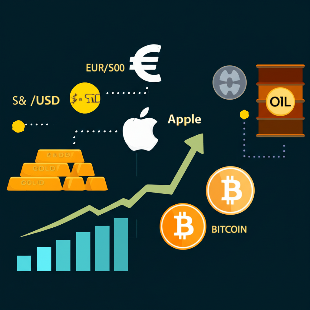 Market symbols showing forex, stocks, indices, commodities, and cryptocurrencies interconnected