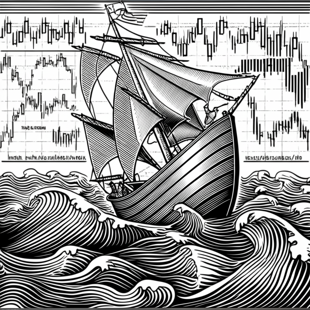 A ship sailing without a compass on a turbulent sea, symbolizing trading without a plan