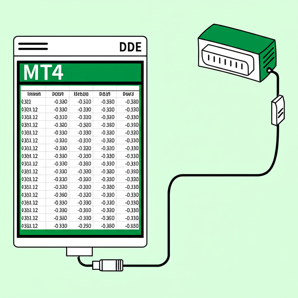A digital cable connecting MT4 to Excel, showing live price data streaming into spreadsheet cells via DDE