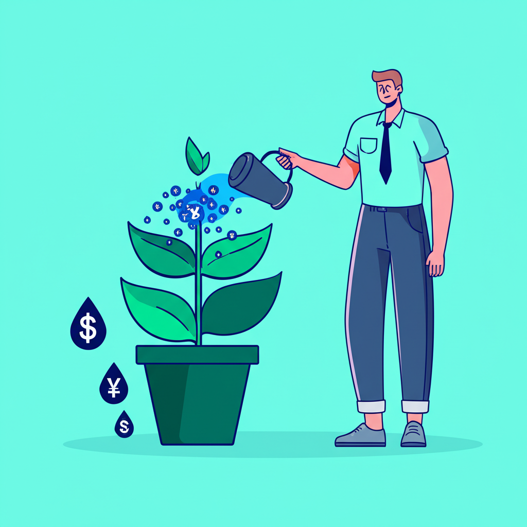 Illustration of a person confidently watering a money plant, with symbols of high liquidity (flowing water) and superior yields (growing leaves), representing smart money management with cash ETFs.