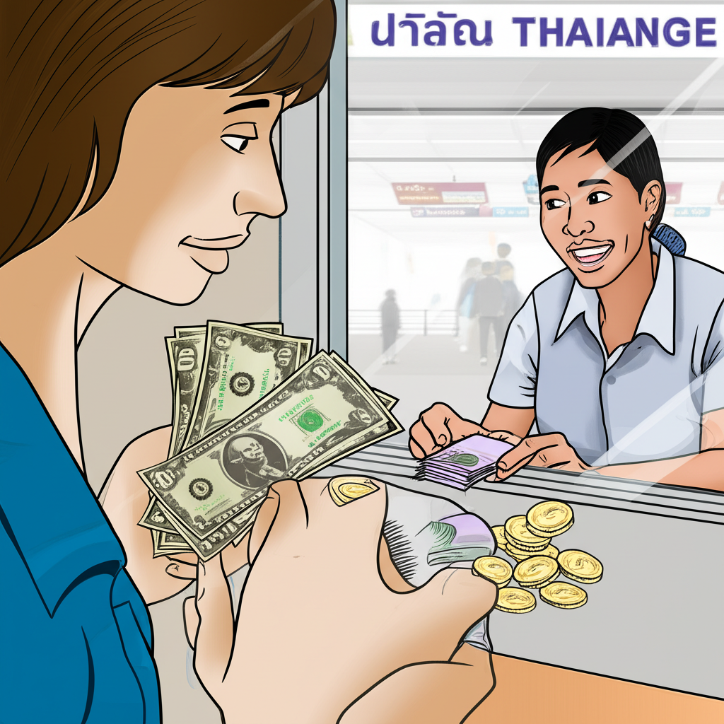 US traveler exchanging Thai Baht at a currency counter in Bangkok