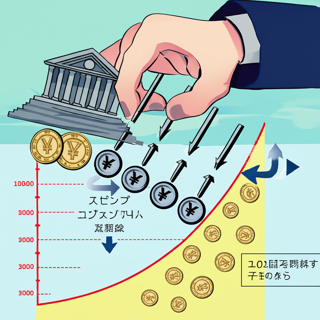 Illustration of monetary policy tools including interest rate levers, yield curve control, and asset flows representing the BOJ's framework