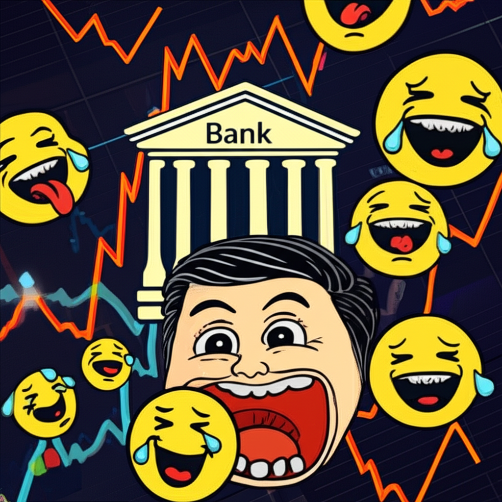 Illustration of a complex financial world merging with internet humor, showing a serious bank logo transforming into a viral meme, surrounded by digital laughter and anxious market graphs.