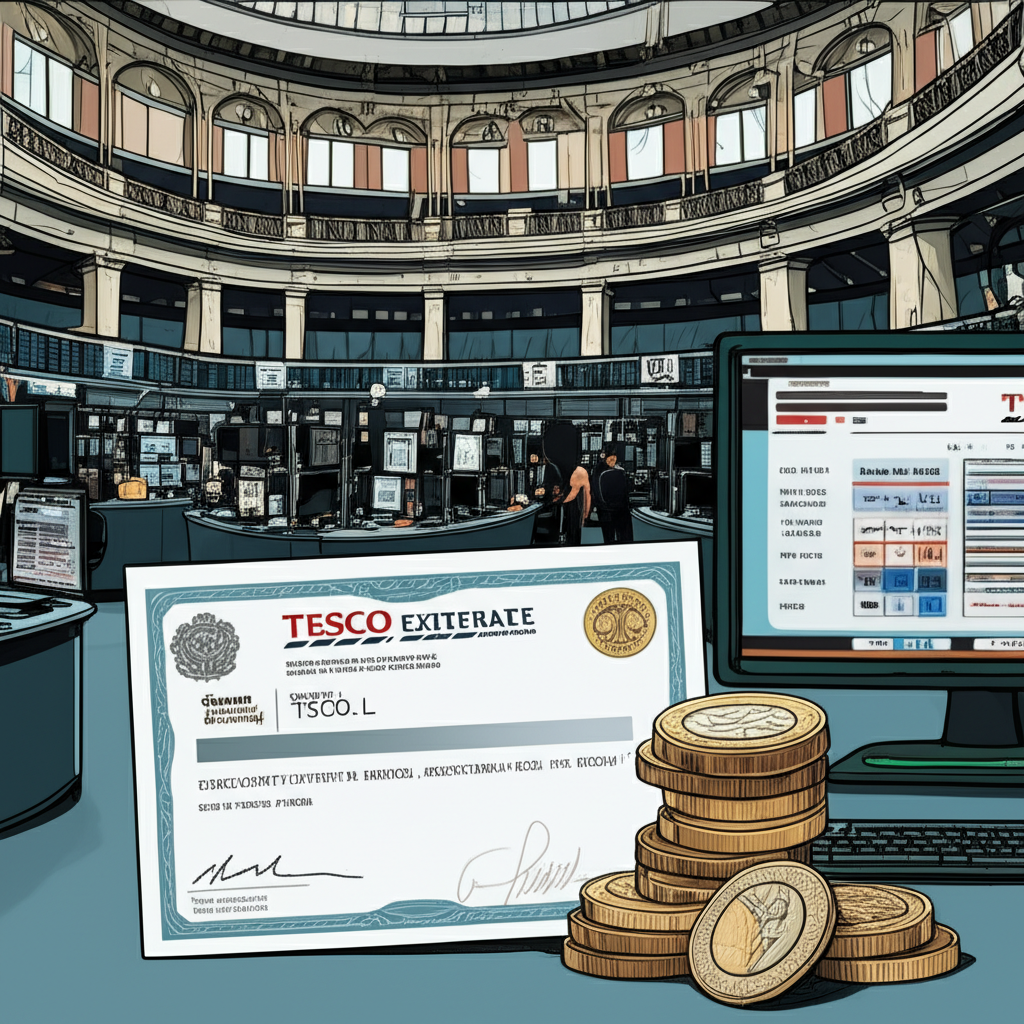 Illustration of a bustling London Stock Exchange trading floor, with a direct share certificate for TSCO.L, British Pound Sterling coins, and a computer screen showing UK market hours