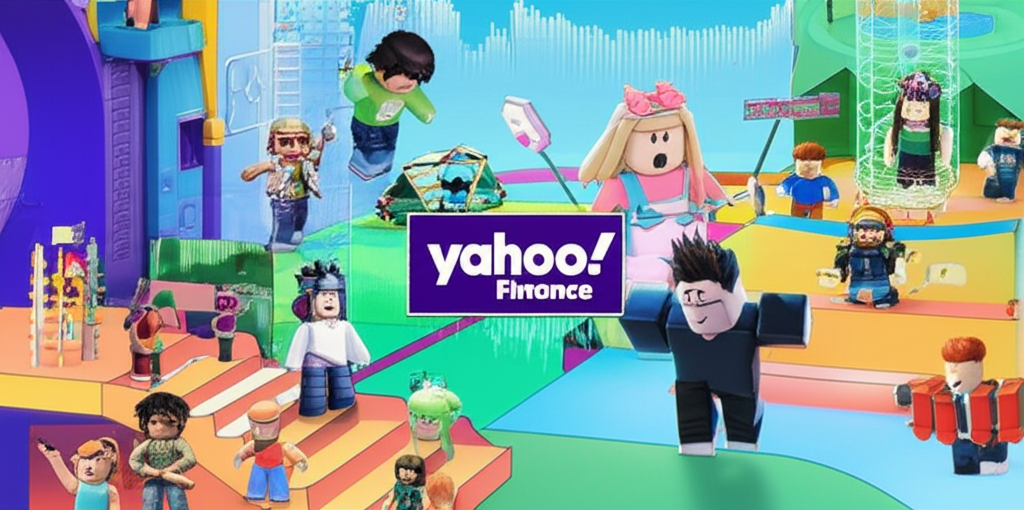 Illustration of Roblox's metaverse platform with diverse users creating and interacting, overlaid with financial charts and the Yahoo Finance logo