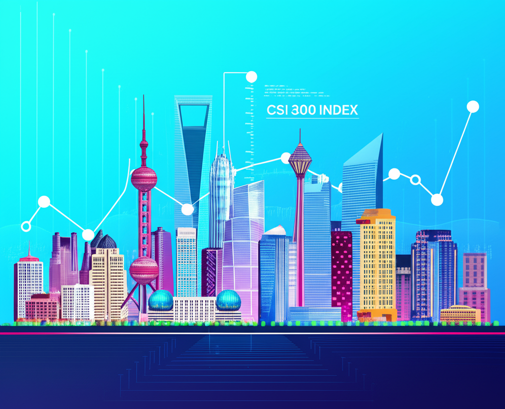 Illustration of a vibrant tech-focused cityscape representing Shenzhen's innovative companies, alongside a robust blue-chip sector, with the CSI 300 index visually linking both mainland exchanges