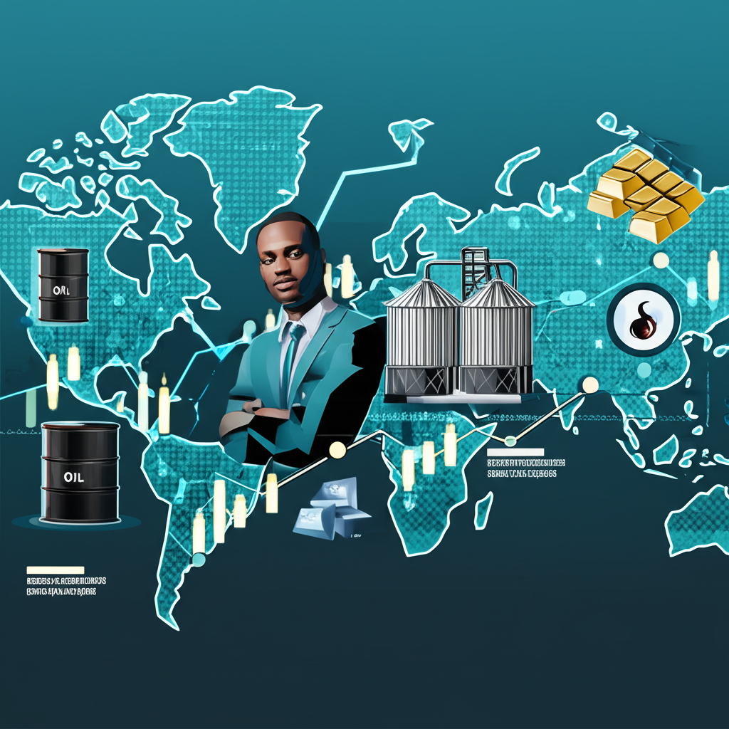Illustration of a commodity trader at the center of a global market network with oil, grain, and metal symbols