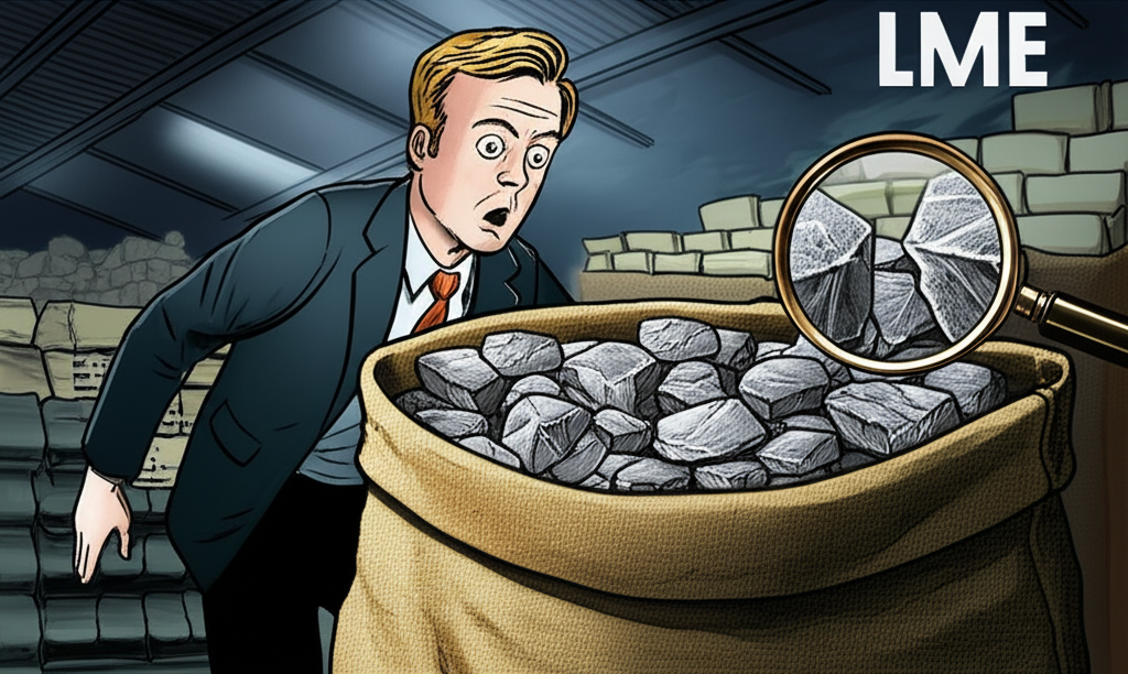 Illustration of a shocked business person looking into an open bag filled with stones instead of shining nickel, inside a large, dimly lit warehouse with commodity stacks. A magnifying glass hovers over the stones, highlighting the deception. LME logo subtly visible in background, illustration style.