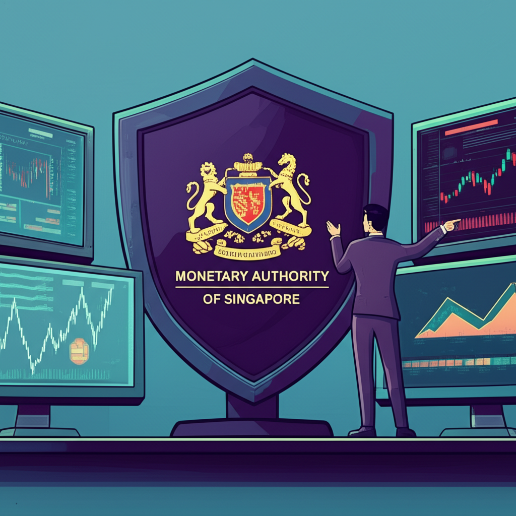 A person confidently day trading with the MAS logo displayed as a shield, representing regulatory compliance and legal security