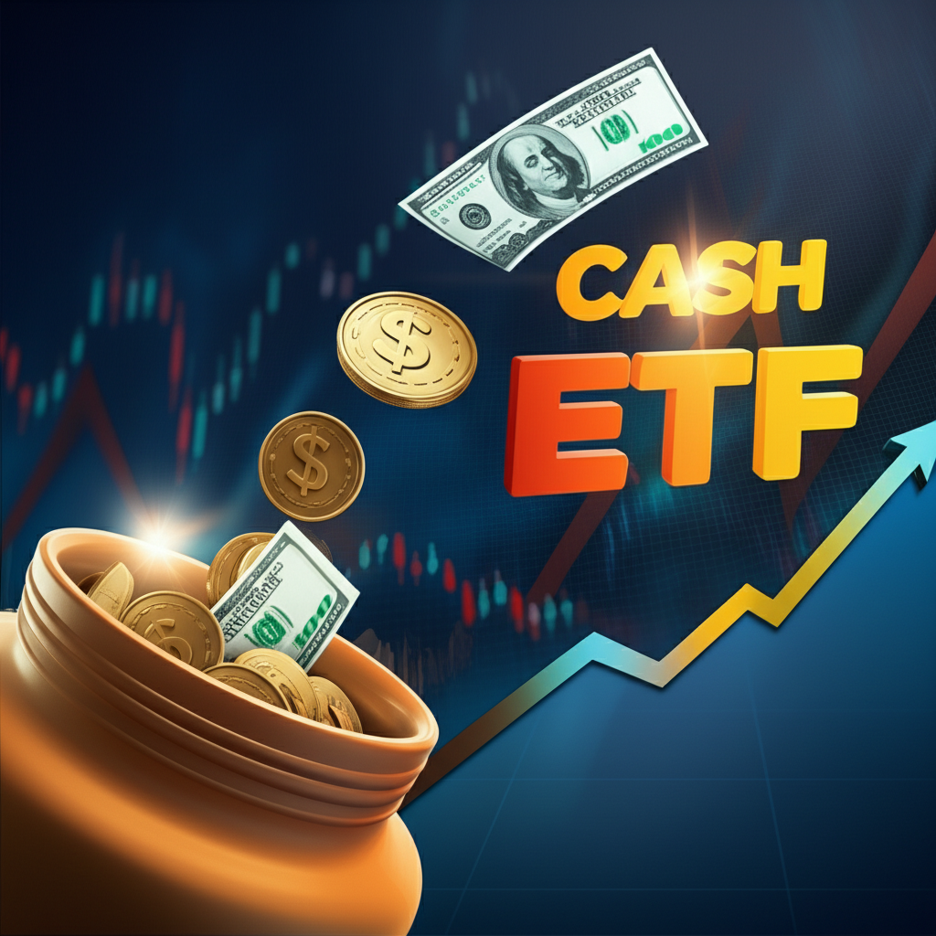 Illustration of cash flowing from a traditional savings jar into a sleek, modern cash ETF symbol, with a backdrop of financial charts showing upward trends, emphasizing higher yields and easy access.