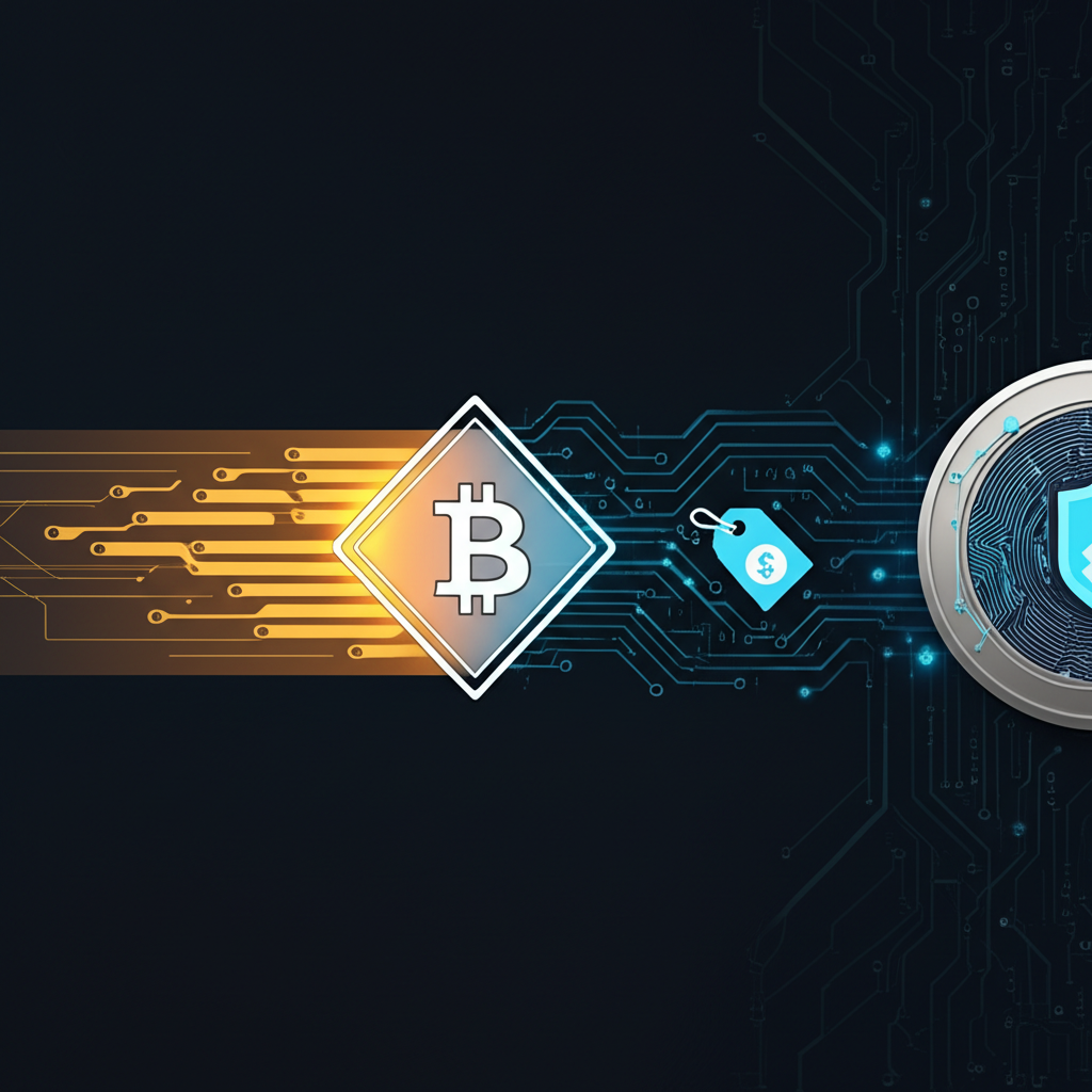 Illustration of Bitcoin Diamond (BCD) emerging as a fork from the Bitcoin blockchain, with elements representing faster transactions, lower costs, and enhanced privacy, in a digital currency context