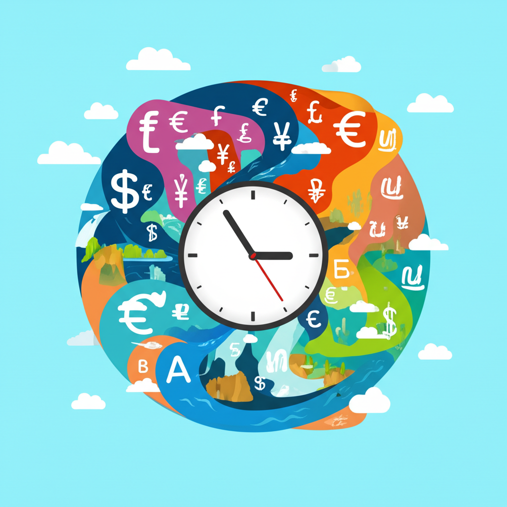 Illustration depicting the vastness and liquidity of the global forex market, with currency pairs flowing like rivers around a clock representing 24/5 operation, symbolizing its fundamental characteristics.