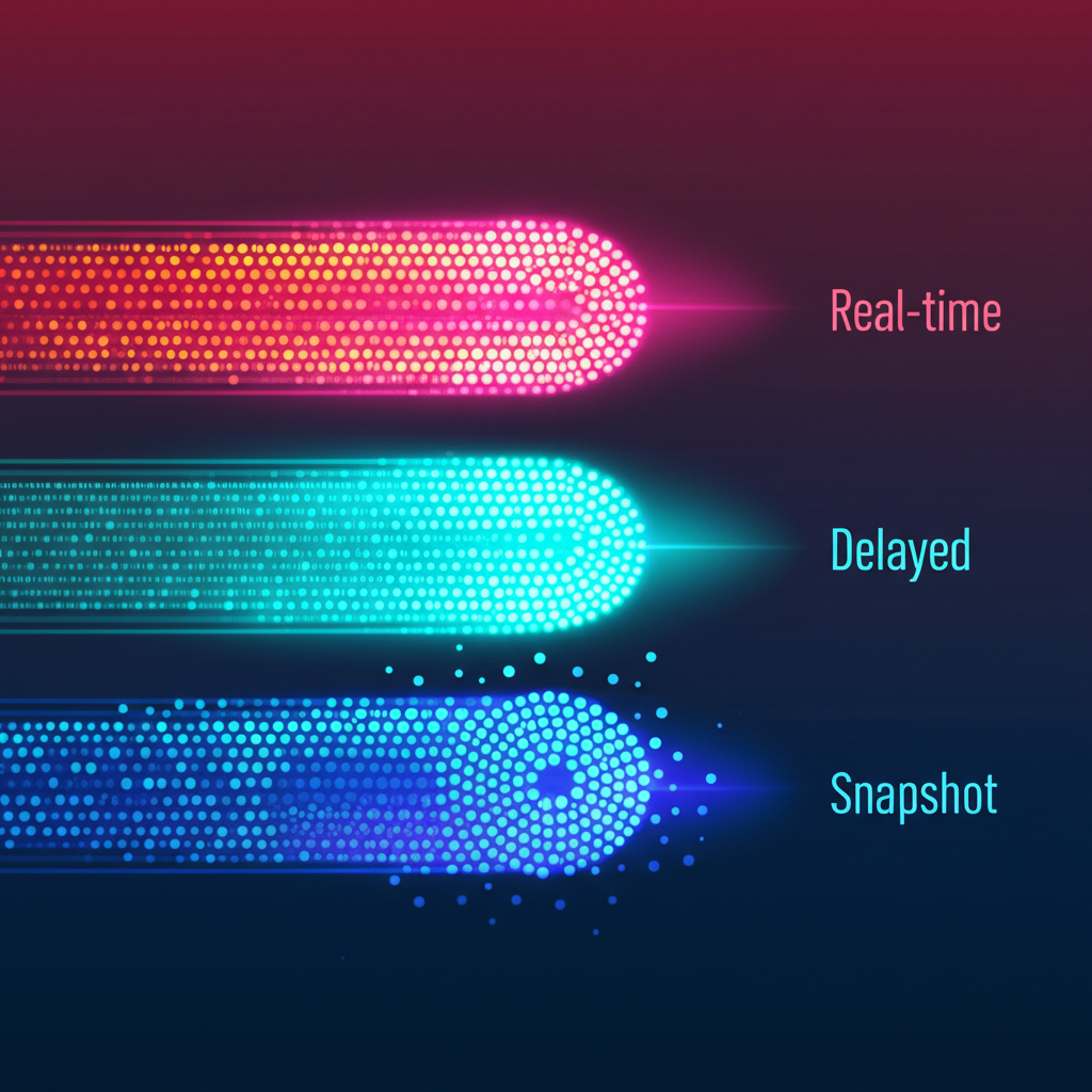 Illustration depicting three distinct data streams: one extremely fast and bright (real-time), one flowing steadily but with a slight delay (delayed), and one appearing as a single, static burst (snapshot), each with varying cost indicators. Style: conceptual, vibrant illustration.
