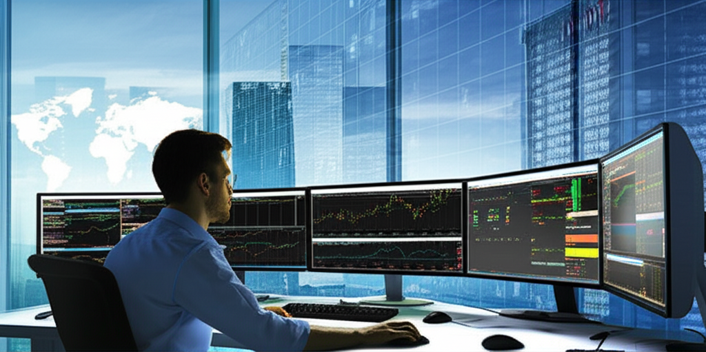 Trader analyzing charts with global market data on multiple screens