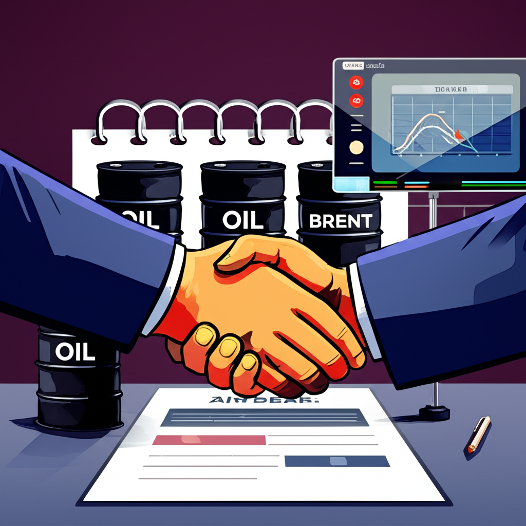 Illustration of a handshake over a futures contract with oil barrels and digital exchange displays for WTI and Brent