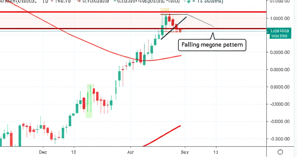 An illustration depicting a financial chart with various technical analysis patterns, highlighting a falling megaphone pattern, symbolizing market shifts and potential bullish reversals.