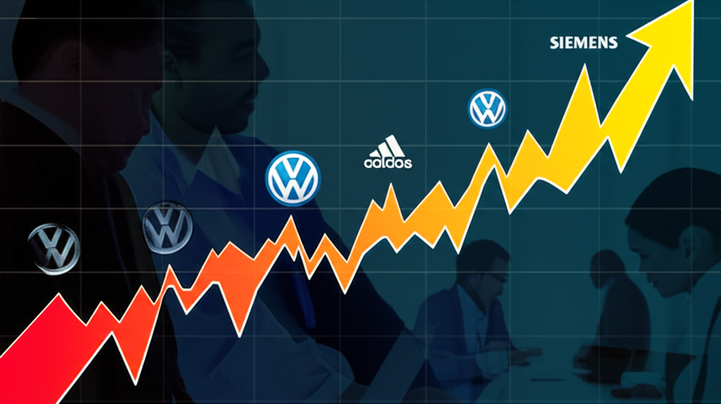 Illustration of the DAX 30 index represented by a vibrant chart with German company logos like Volkswagen and Siemens, reflecting its role as a key European economic indicator, with traders making strategic decisions.