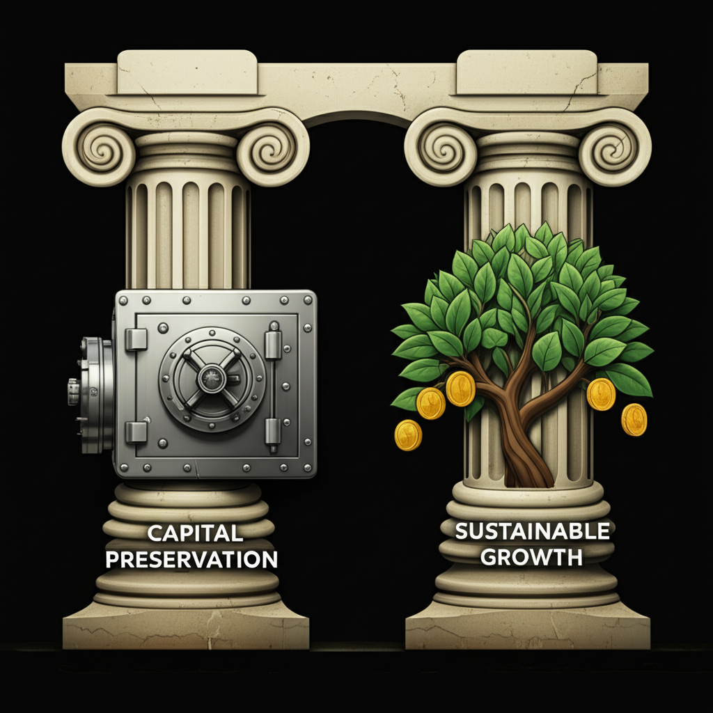 Two interconnected pillars representing capital preservation and sustainable growth in trading