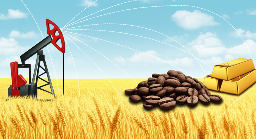 Diverse commodities including oil rigs, wheat fields, coffee beans, and gold bars linked by global trade routes