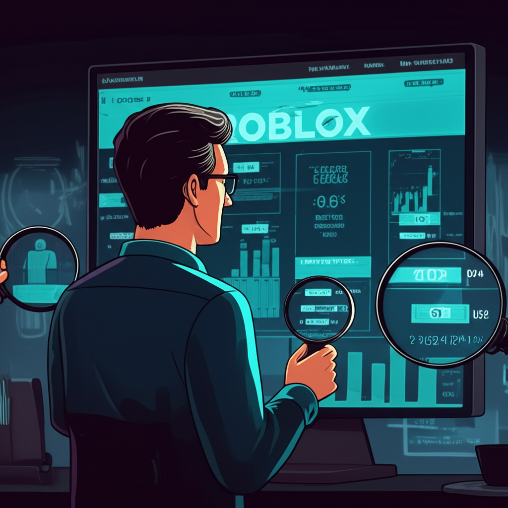 An illustration depicting an investor looking at a complex digital dashboard with Roblox stock data, overlaid with magnifying glasses revealing deeper insights into business models and market sentiment