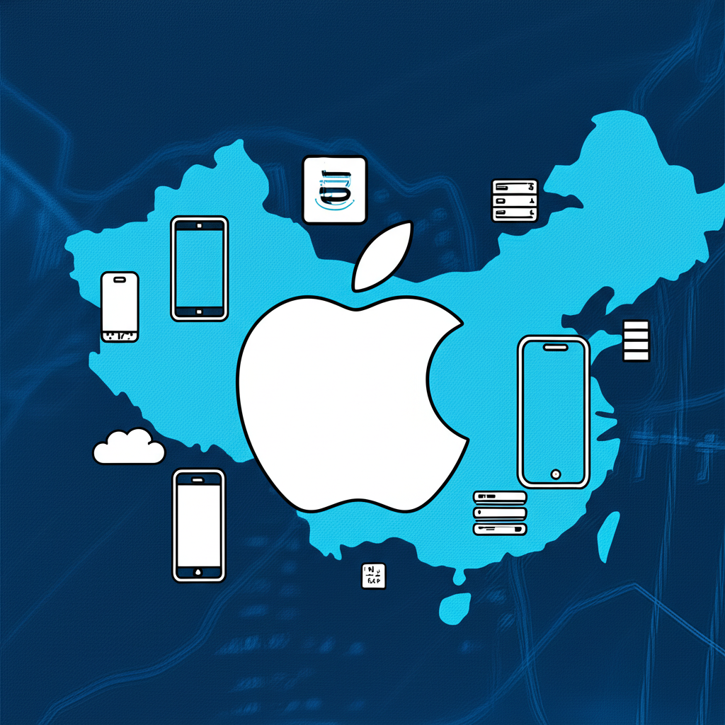 Apple logo with icons representing iPhones, cloud services, and China market, symbolizing key earnings drivers