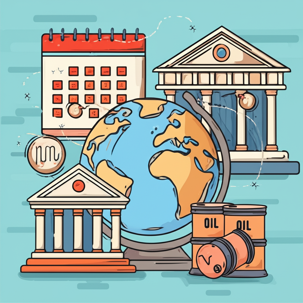 Visual representation of market-moving events: economic calendar, central bank, globe, and oil barrels