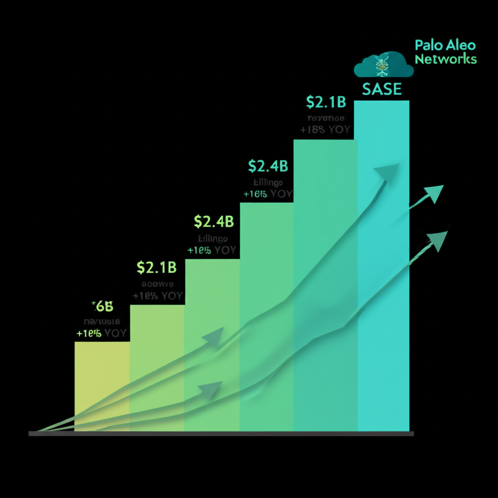 Vibrant growth chart showing Palo Alto Networks' $2.1B revenue and $2.4B billings with upward trends and cloud/SASE icons