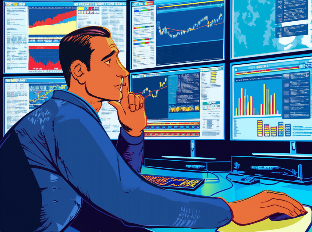Trader analyzing multiple screens with market charts, data feeds, and risk management tools