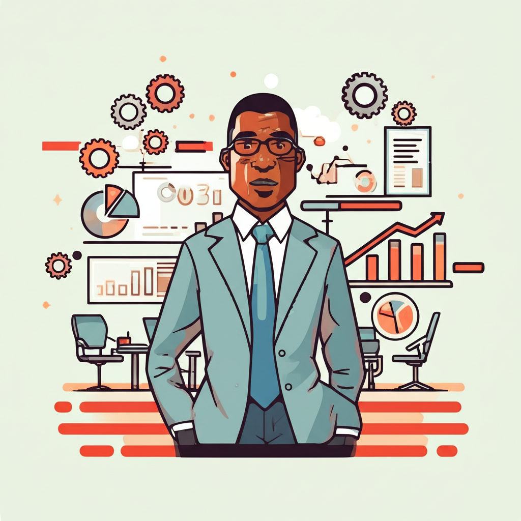 Illustration of Gaylon Morris in an executive setting, with diverse industry symbols like gears and charts, conveying high-impact leadership and adaptability across sectors