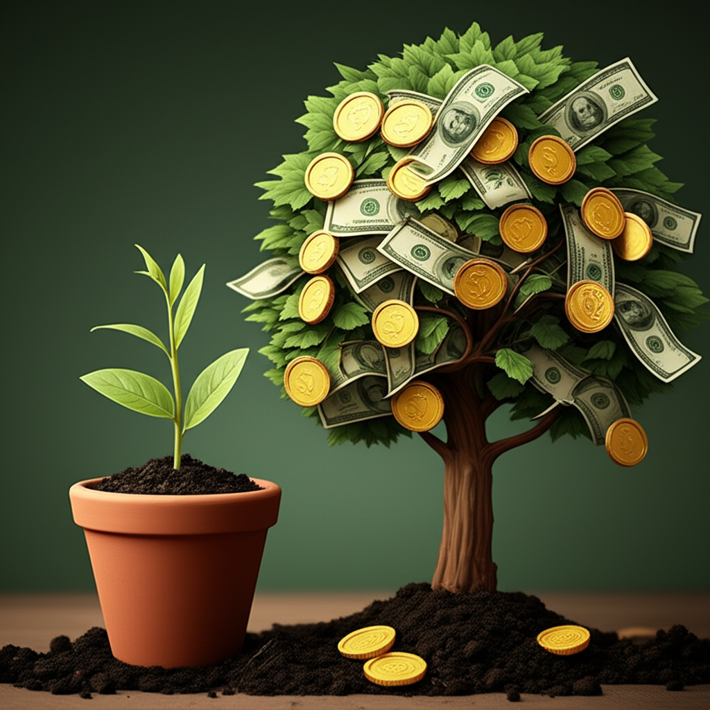 Illustration of a small plant (small investment) quickly growing into a huge money tree with coins falling, representing explosive growth potential and low entry price, attracting small investors to high-reward penny stocks.