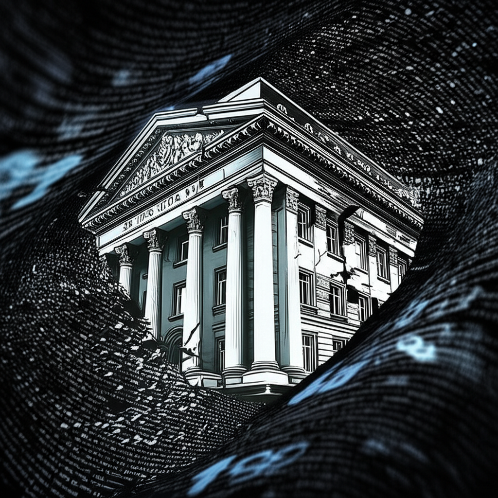 Illustration of a venerable Swiss bank building, subtly crumbling or cracking, surrounded by swirling digital clouds of speculation and whispers, reflecting years of financial distress and eroding trust.