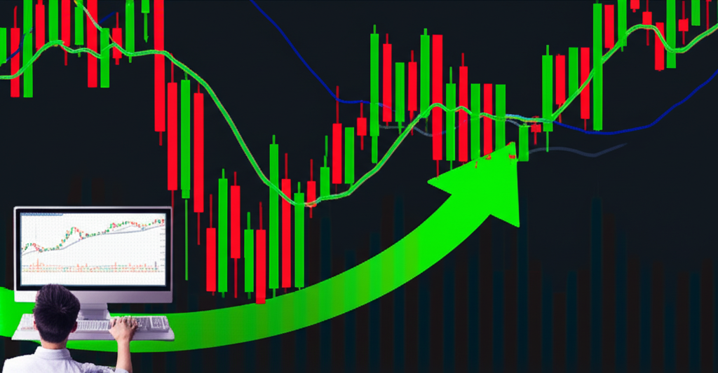 Trader viewing a calm Heikin Ashi chart showing clear uptrend versus a chaotic traditional candlestick chart in the background