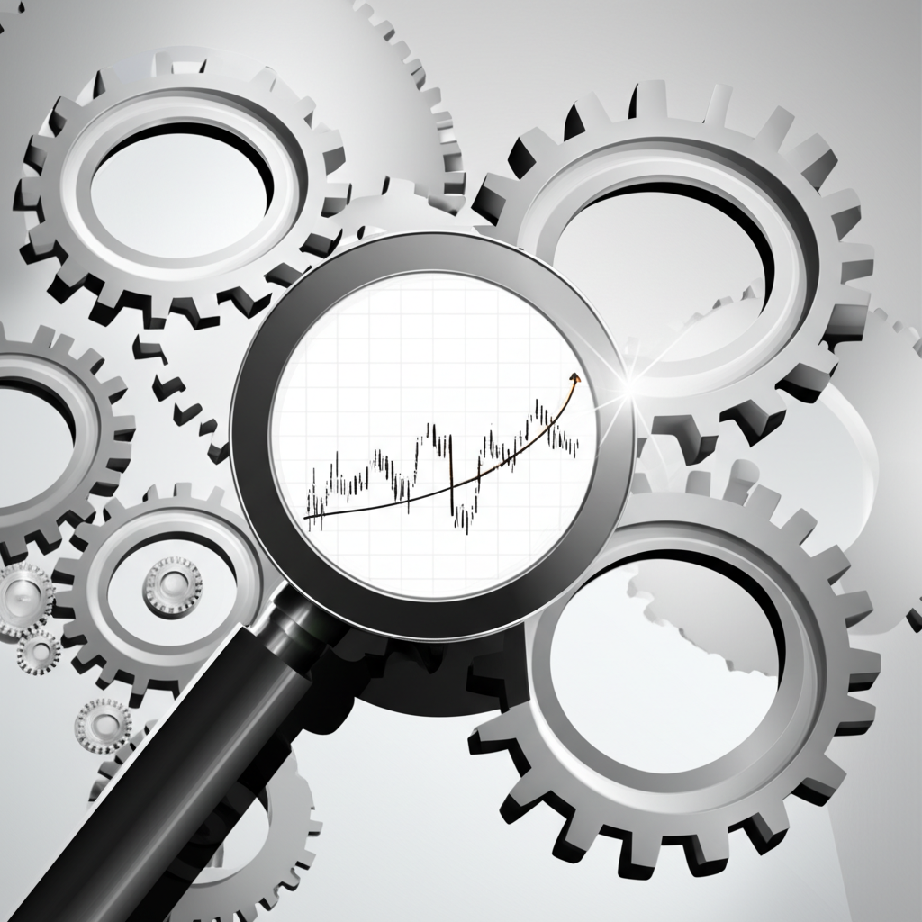 Illustration of abstract gears and cogs symbolizing systematic decision-making and risk management, with a magnifying glass highlighting an upward market trend, in a disciplined, objective style